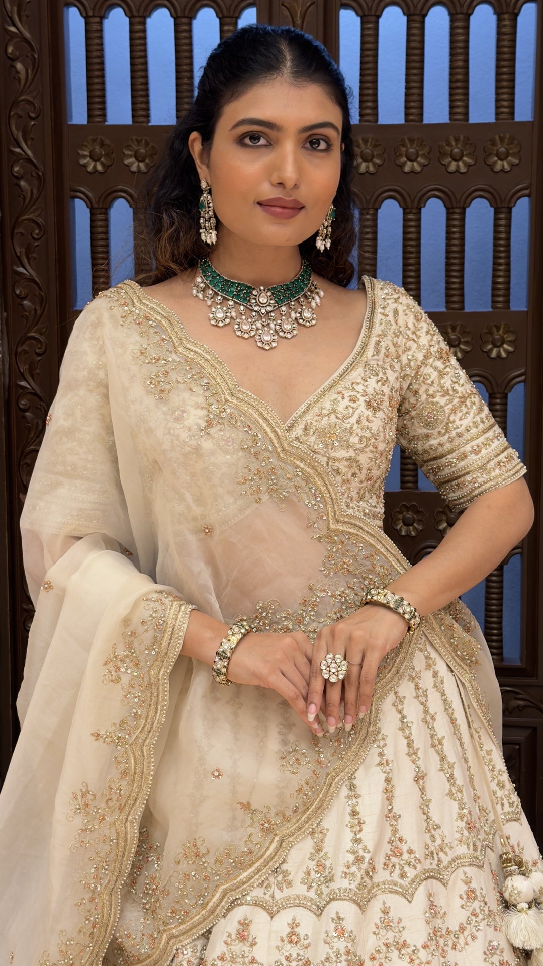 Ivory Embroidered Bridal Lehenga Set with Net Dupatta