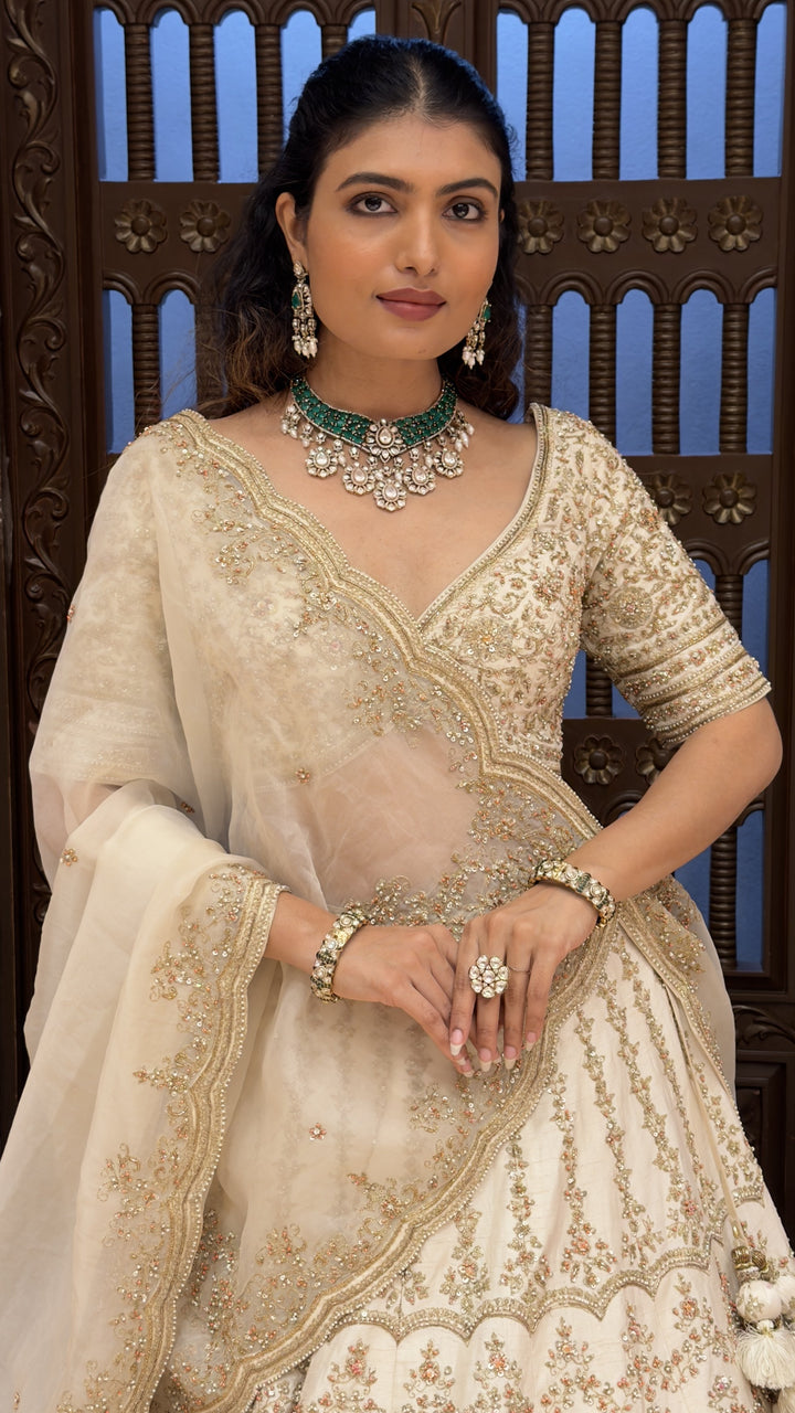 Ivory Embroidered Bridal Lehenga Set with Net Dupatta