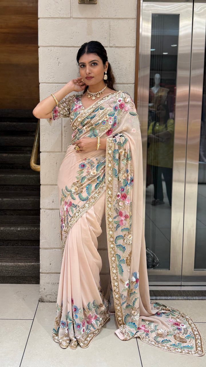 Blush Pink Heavy Embroidered Designer Net Saree with Multicolour Floral Work