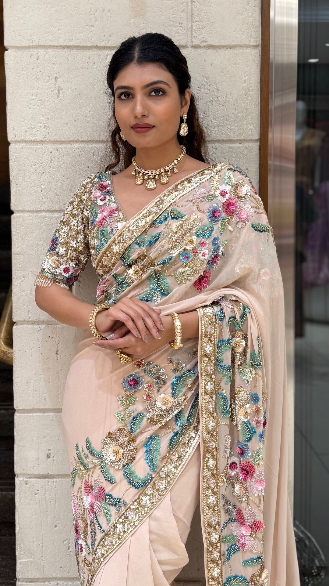 Blush Pink Heavy Embroidered Designer Net Saree with Multicolour Floral Work