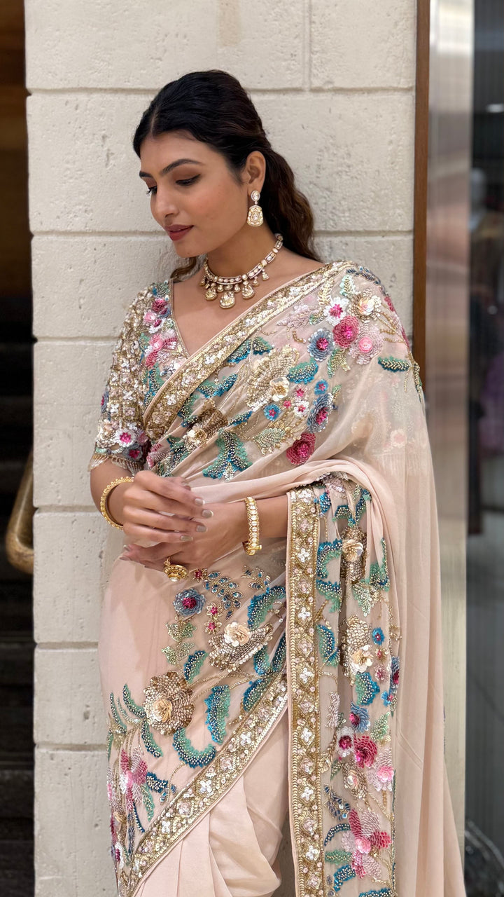 Blush Pink Heavy Embroidered Designer Net Saree with Multicolour Floral Work