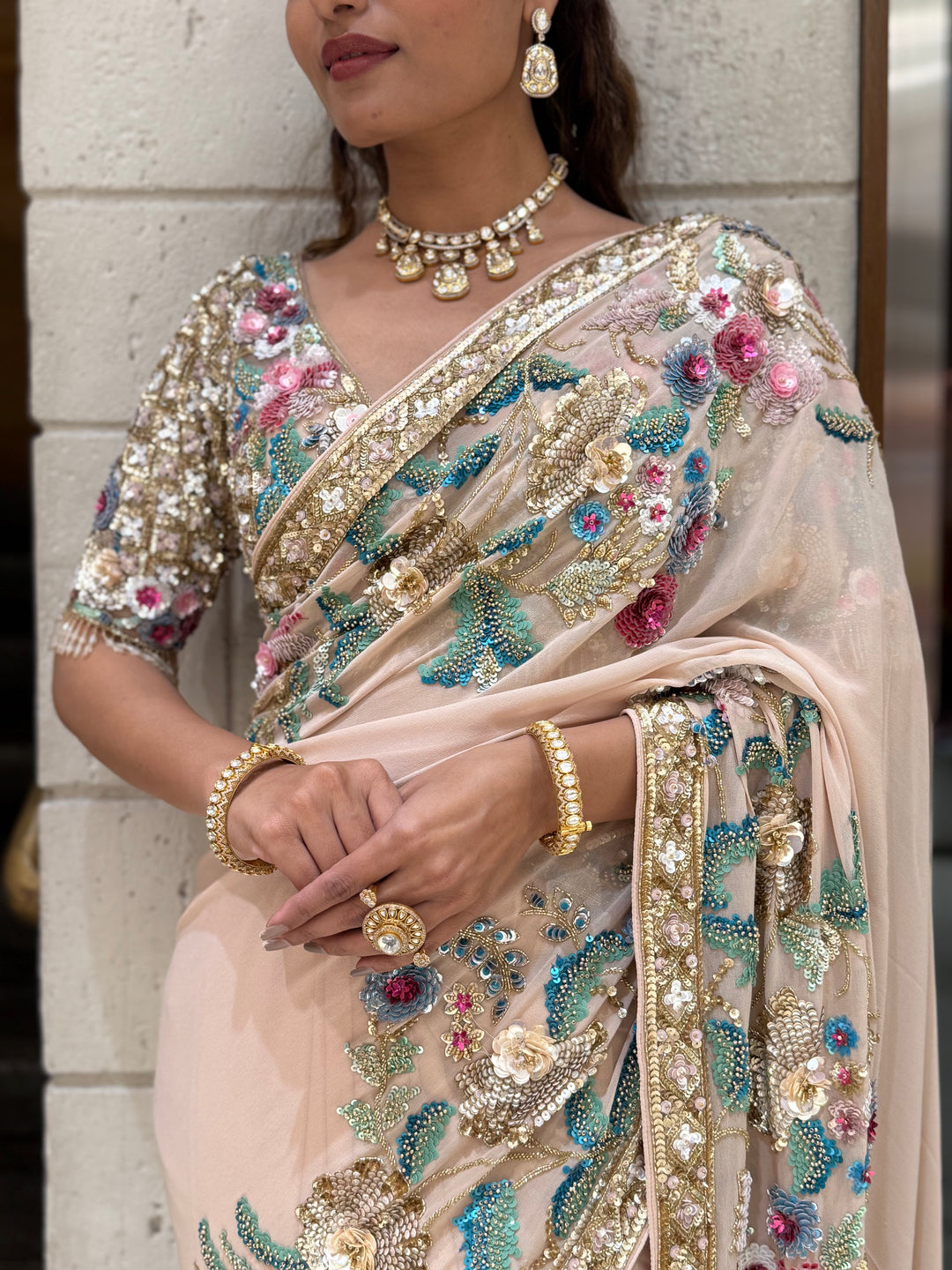 Blush Pink Heavy Embroidered Designer Net Saree with Multicolour Floral Work