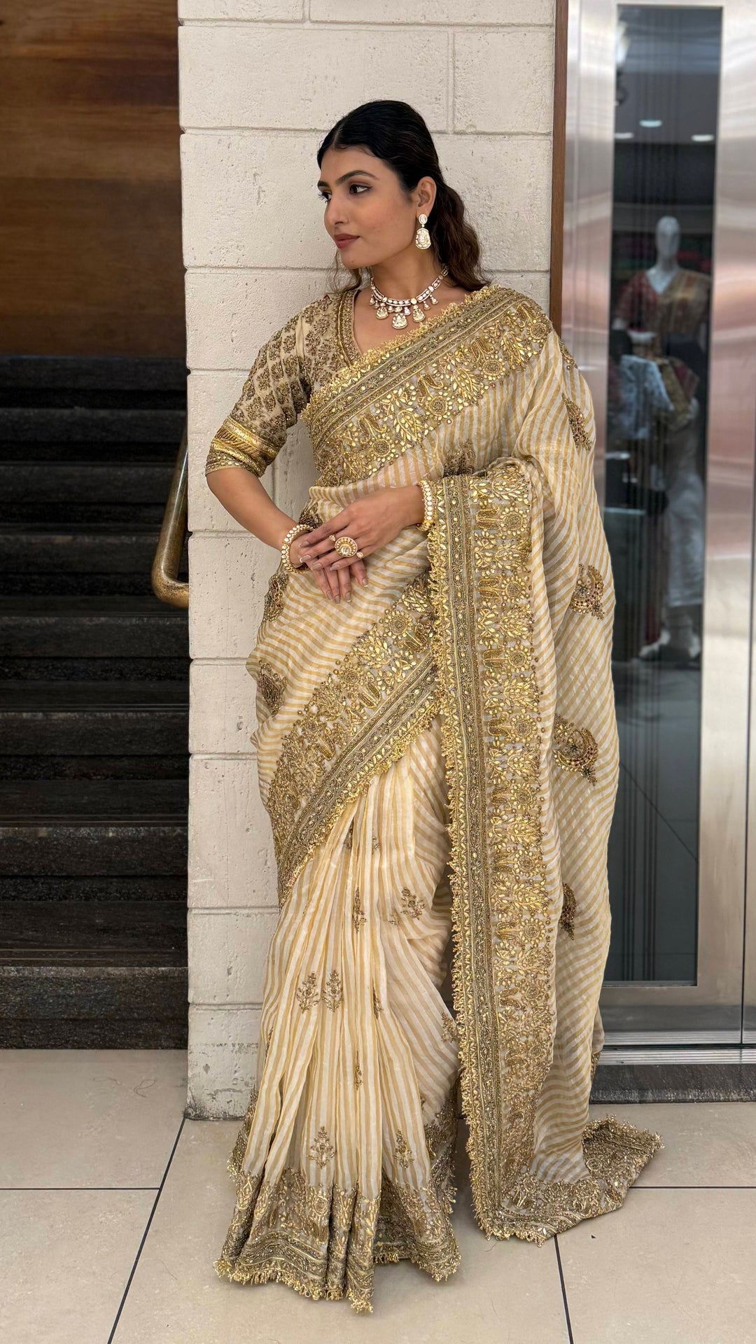 Elegant Beige & Gold Hand-Embellished Designer Saree with Heavy Zari Border