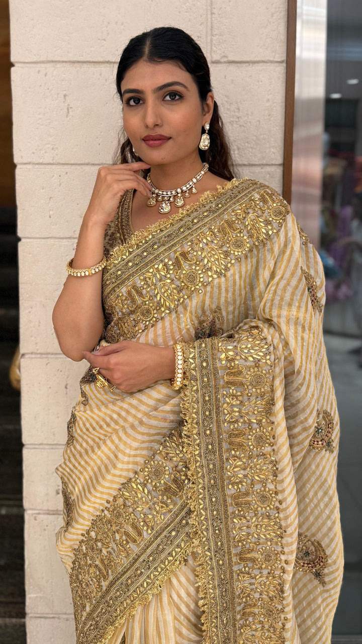 Elegant Beige & Gold Hand-Embellished Designer Saree with Heavy Zari Border