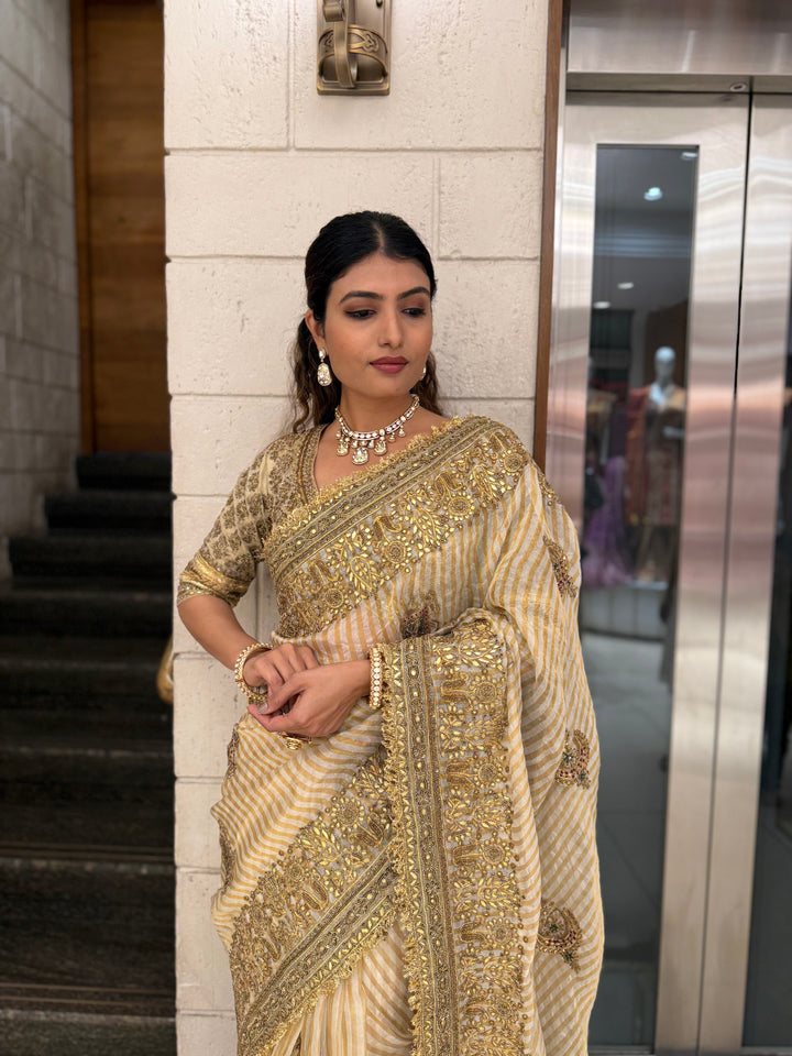 Elegant Beige & Gold Hand-Embellished Designer Saree with Heavy Zari Border