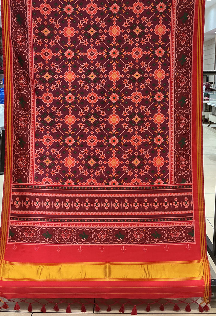 Patan Patola Inspired Maroon Designer Saree with Traditional Geometric Weaving P72