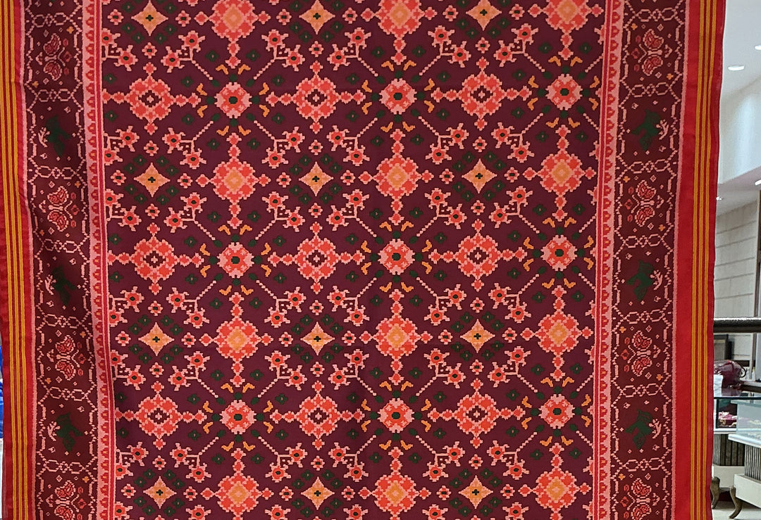 Patan Patola Inspired Maroon Designer Saree with Traditional Geometric Weaving P72
