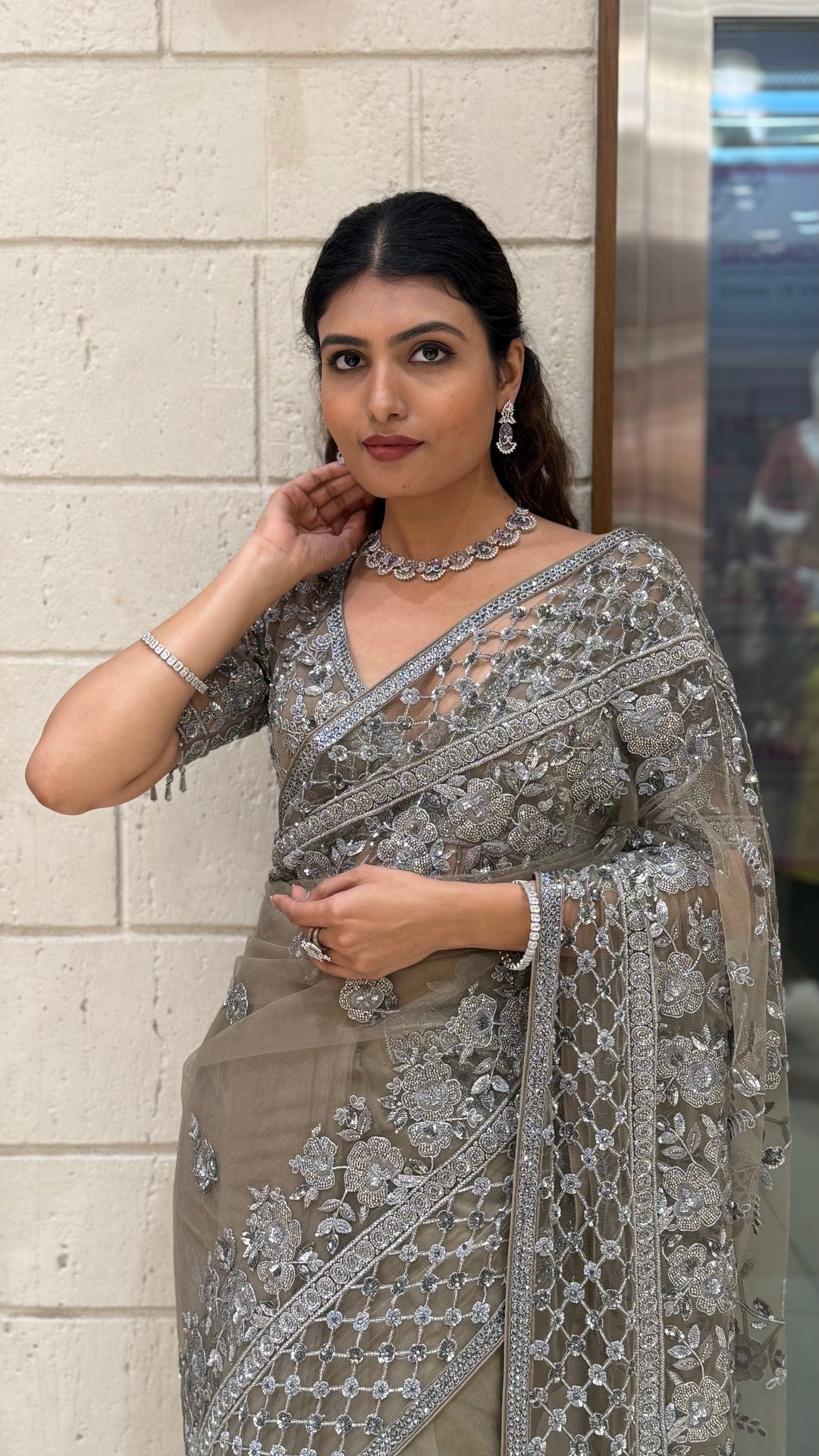 Silver Grey Heavy Embroidered Designer Net Saree with Matching Blouse