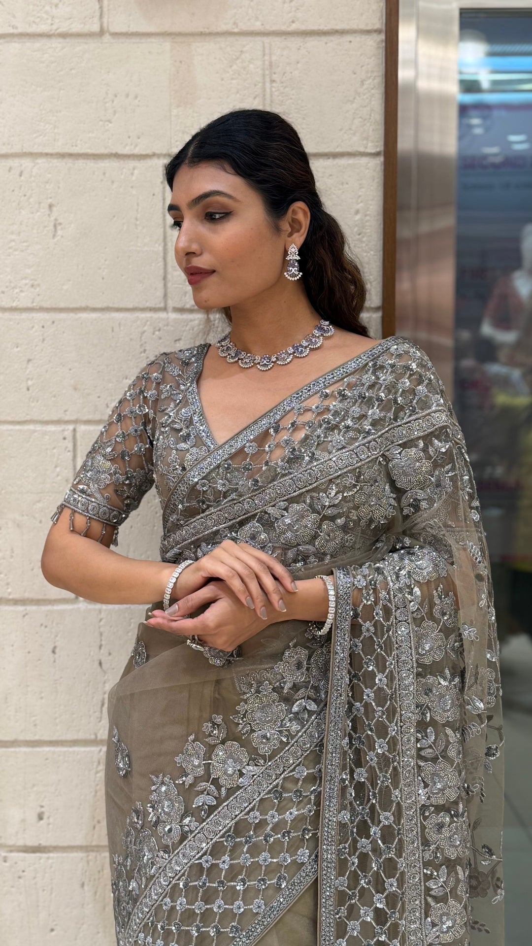 Silver Grey Heavy Embroidered Designer Net Saree with Matching Blouse