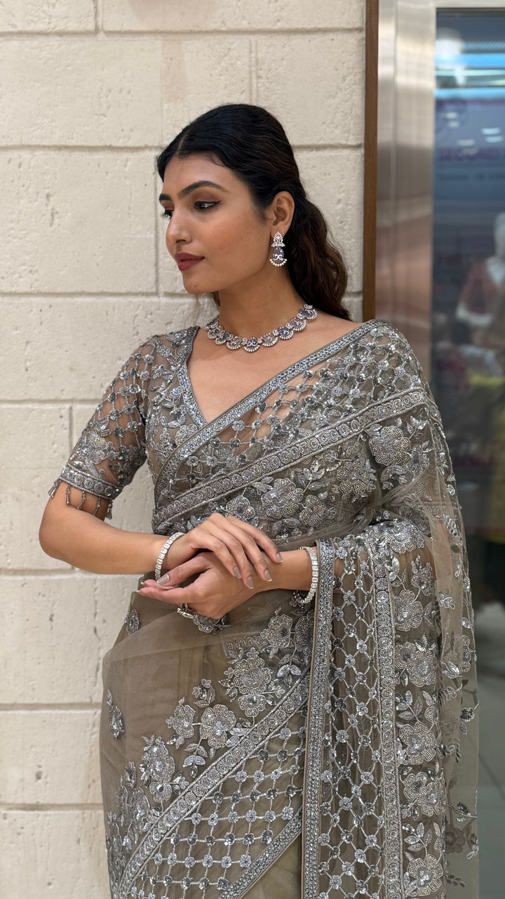 Silver Grey Heavy Embroidered Designer Net Saree with Matching Blouse