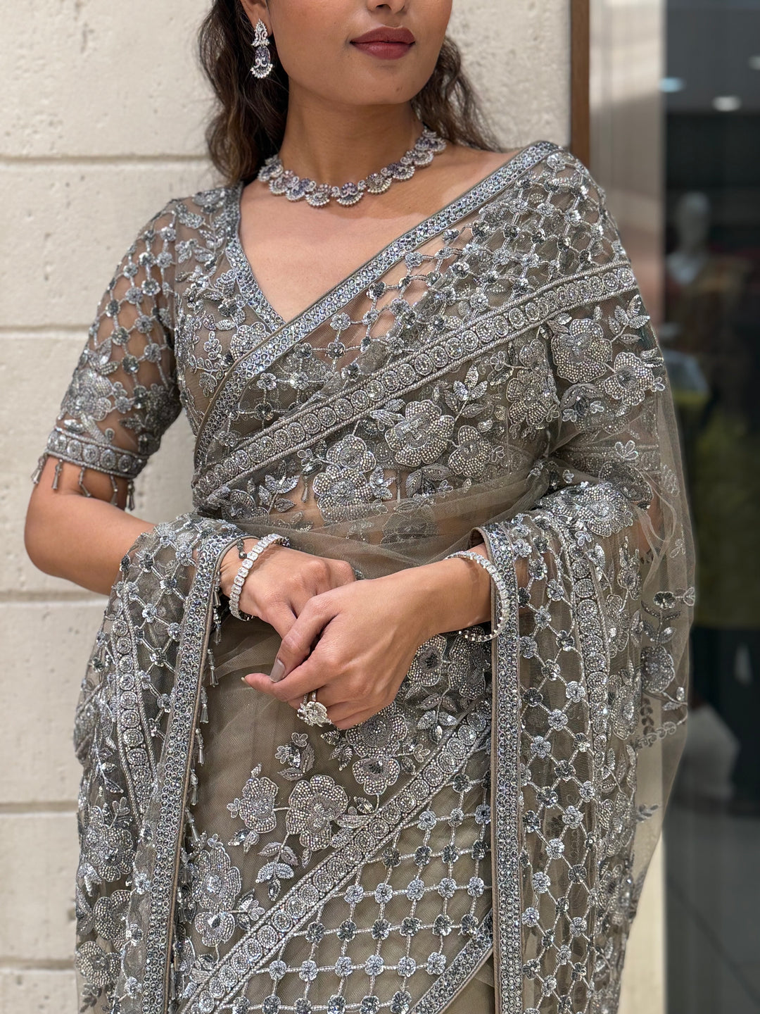 Silver Grey Heavy Embroidered Designer Net Saree with Matching Blouse