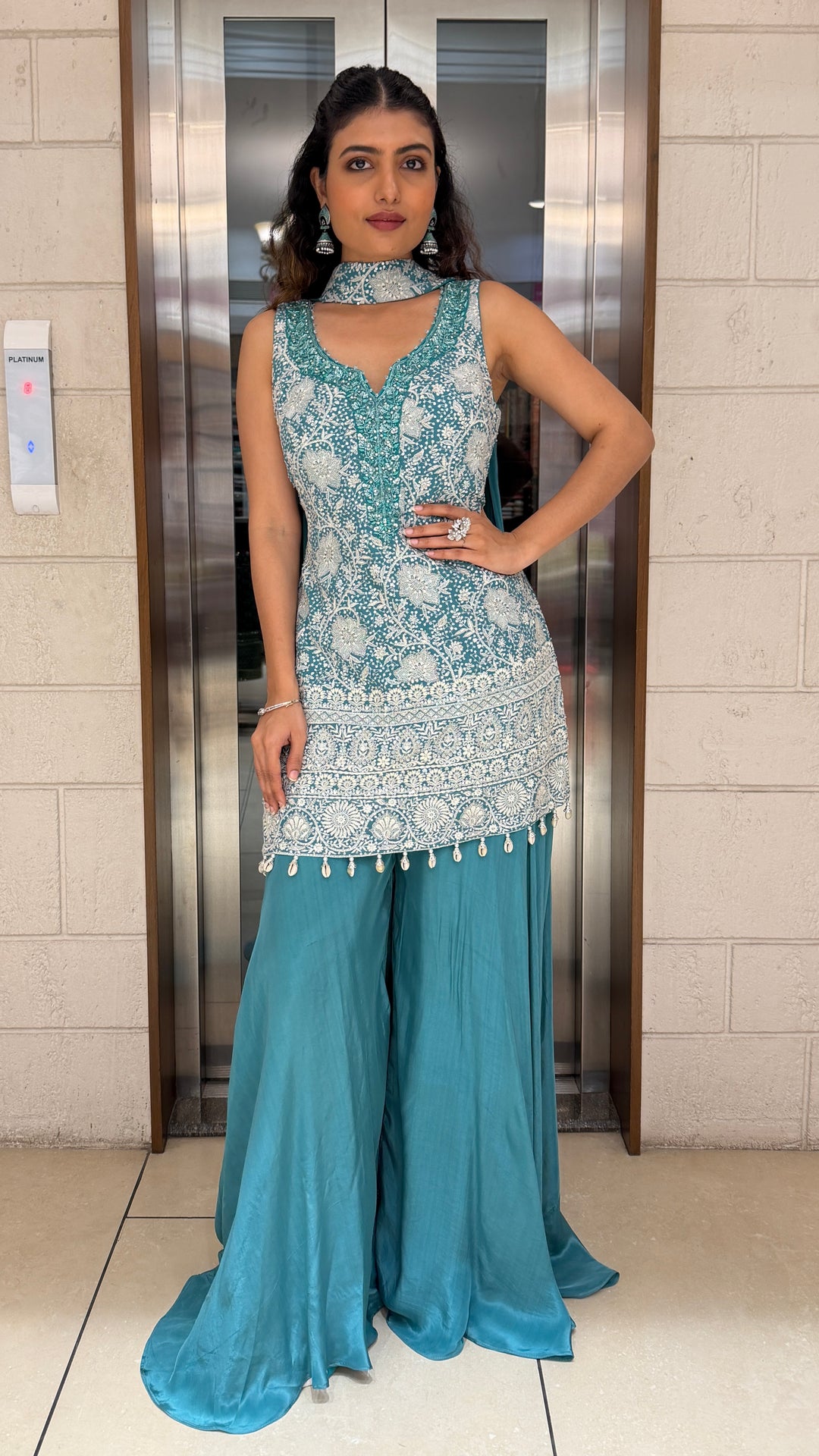 Teal Blue Embroidered Kurta Palazzo Set with Dupatta