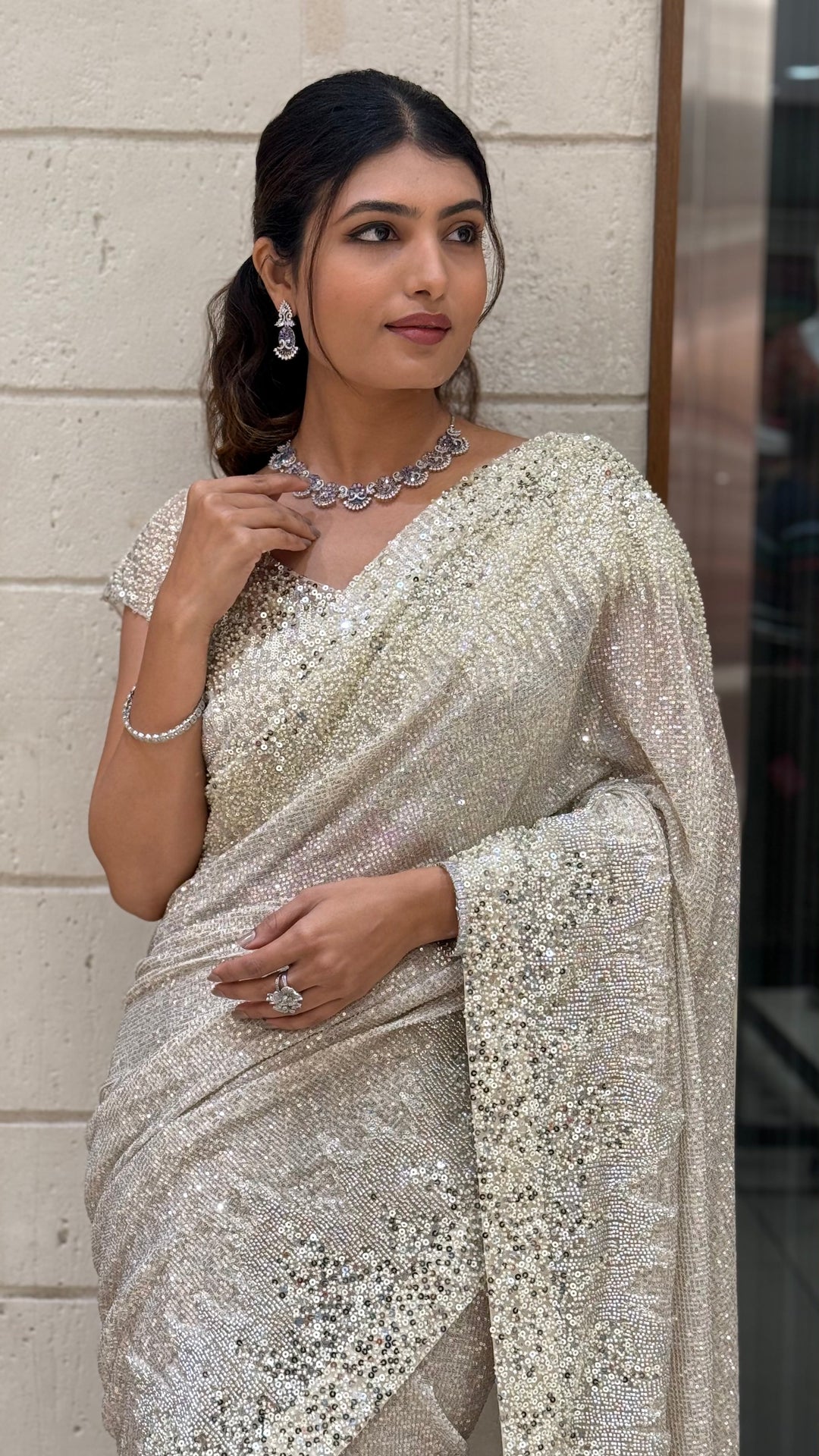Silver Designer Sequin Saree with Heavy Embellished Blouse