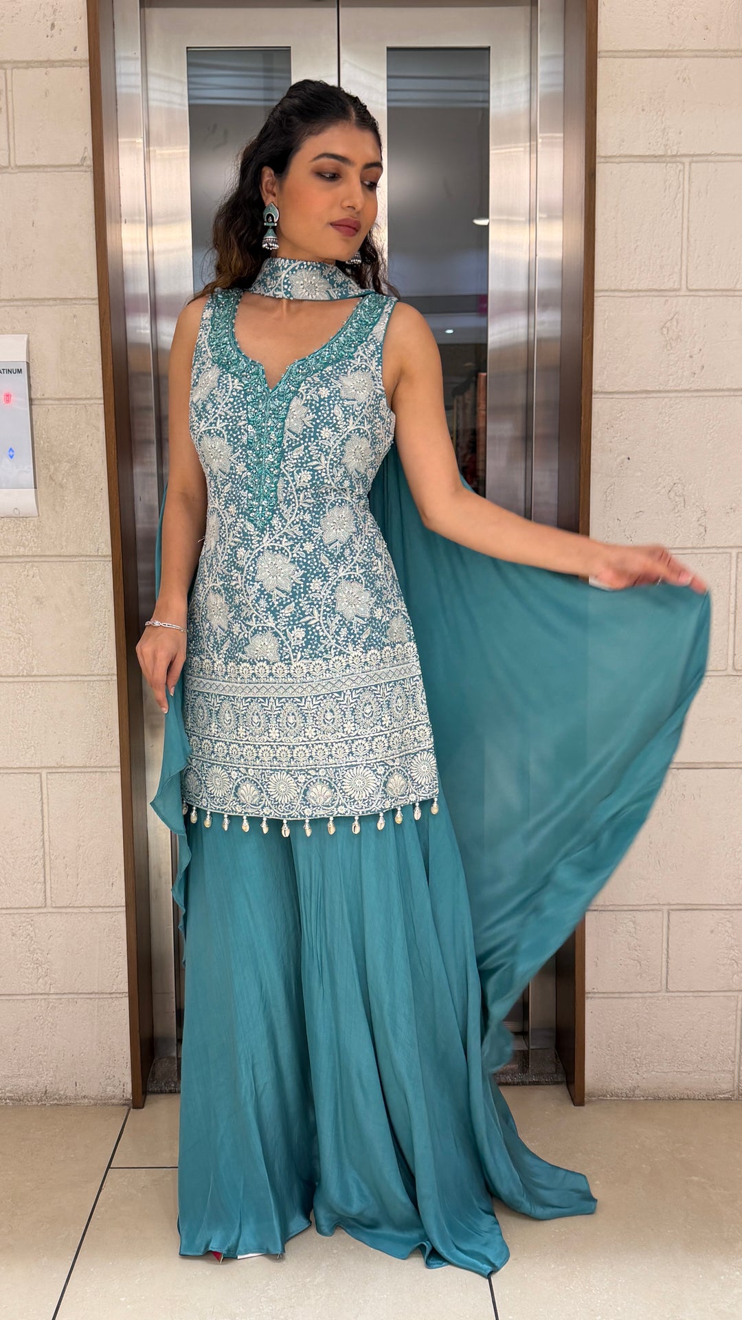 Teal Blue Embroidered Kurta Palazzo Set with Dupatta