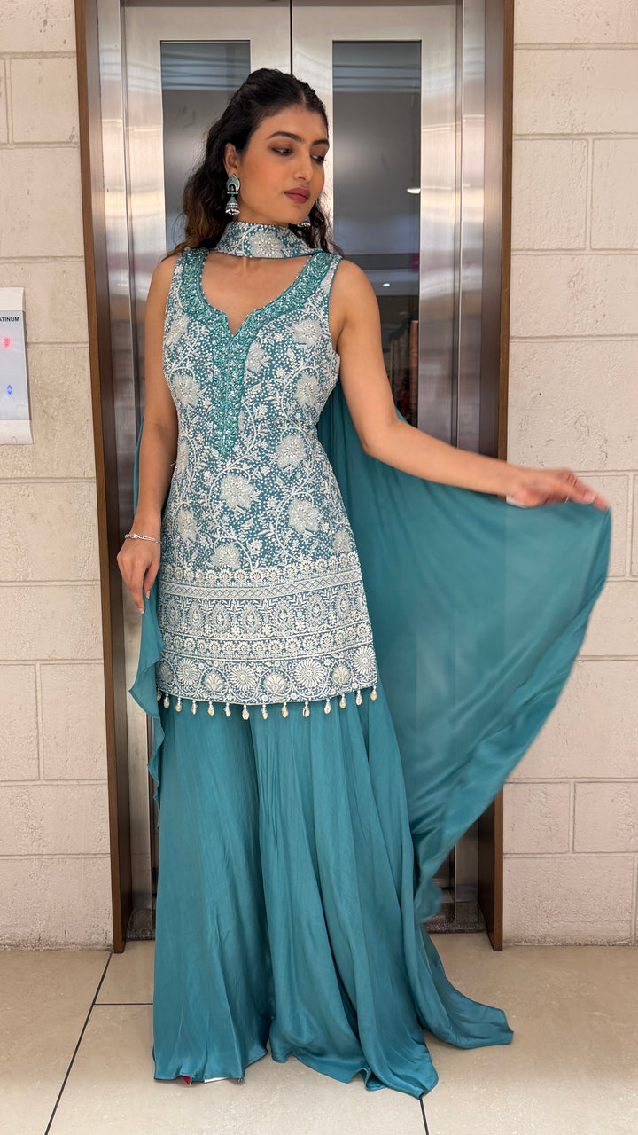 Teal Blue Embroidered Kurta Palazzo Set with Dupatta