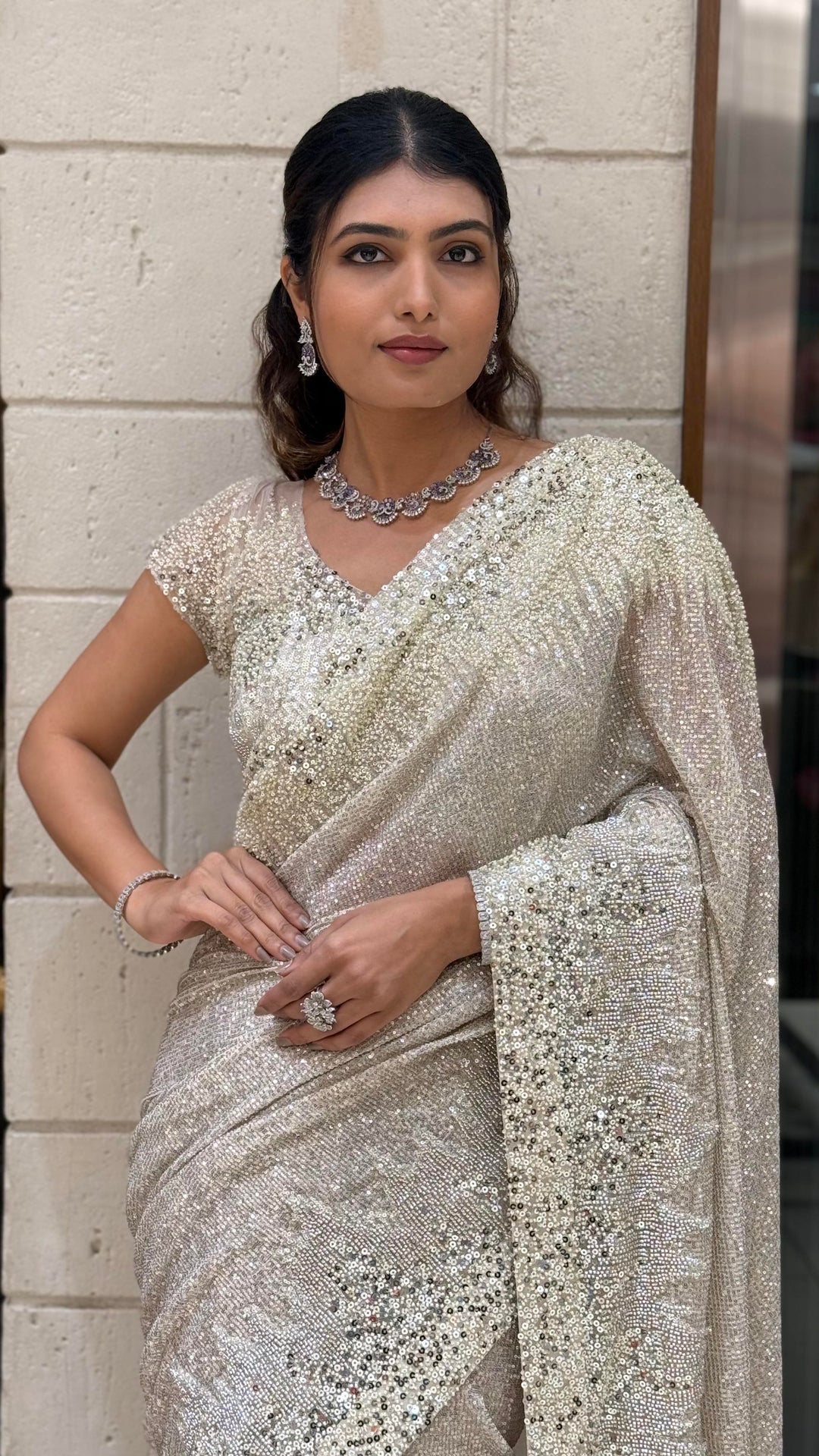 Silver Designer Sequin Saree with Heavy Embellished Blouse