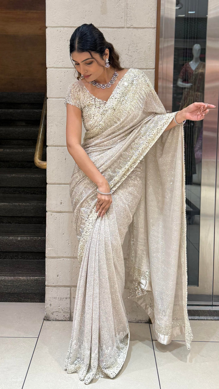 Silver Designer Sequin Saree with Heavy Embellished Blouse