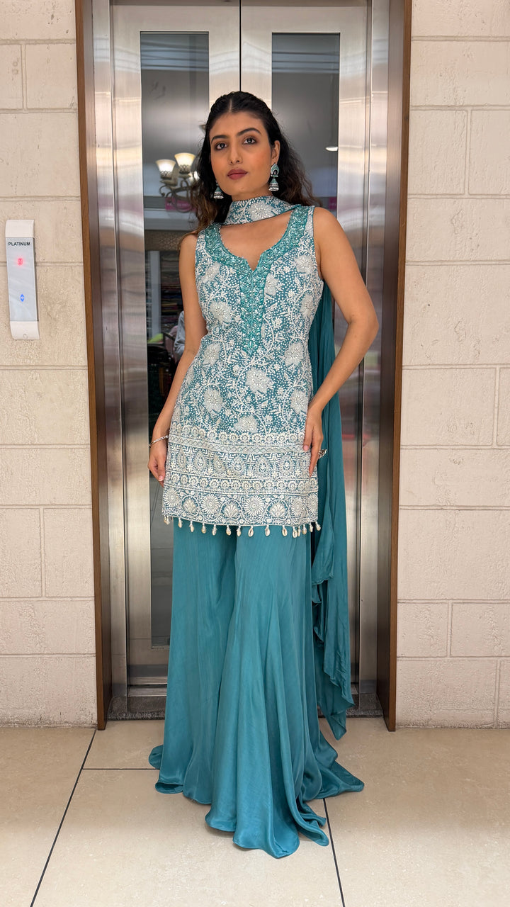 Teal Blue Embroidered Kurta Palazzo Set with Dupatta