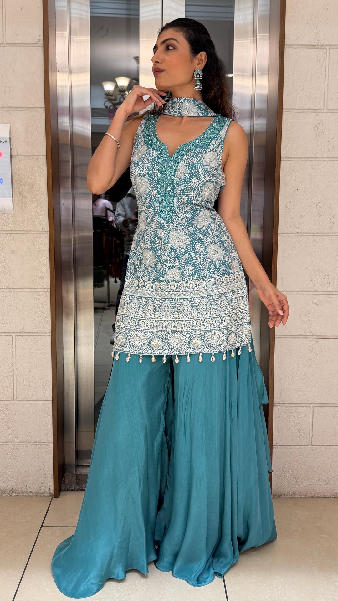 Teal Blue Embroidered Kurta Palazzo Set with Dupatta