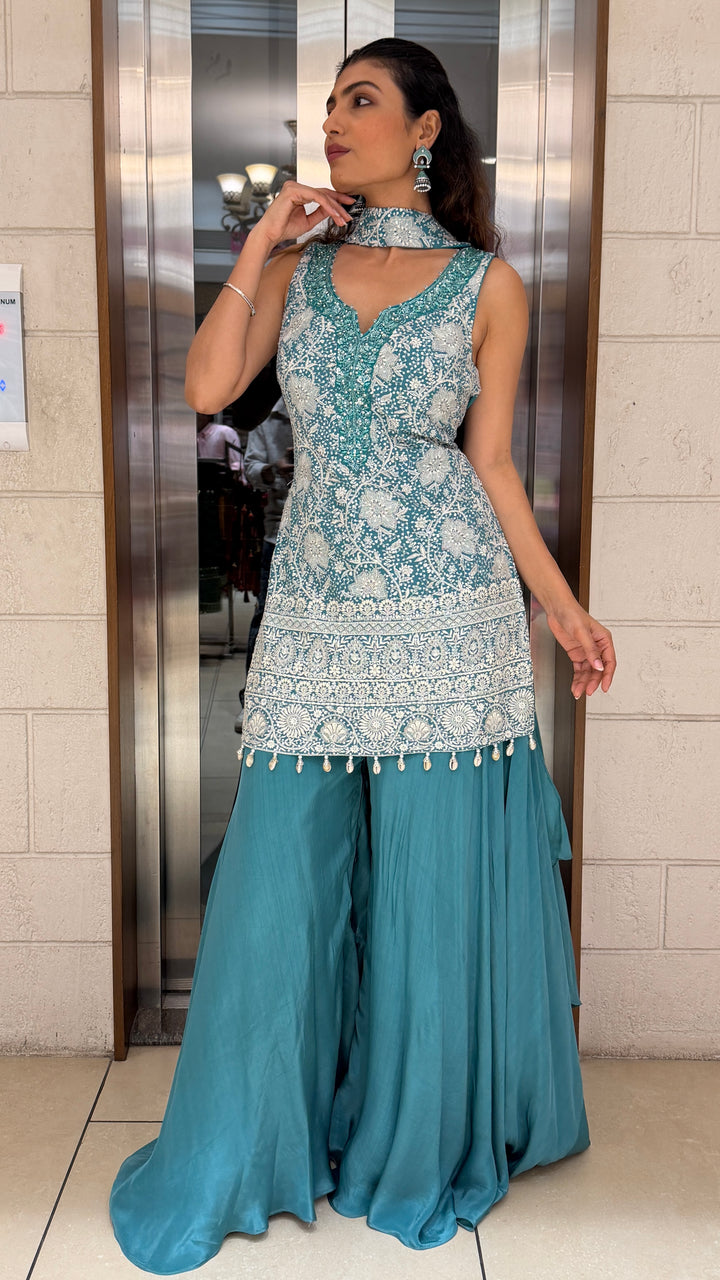 Teal Blue Embroidered Kurta Palazzo Set with Dupatta