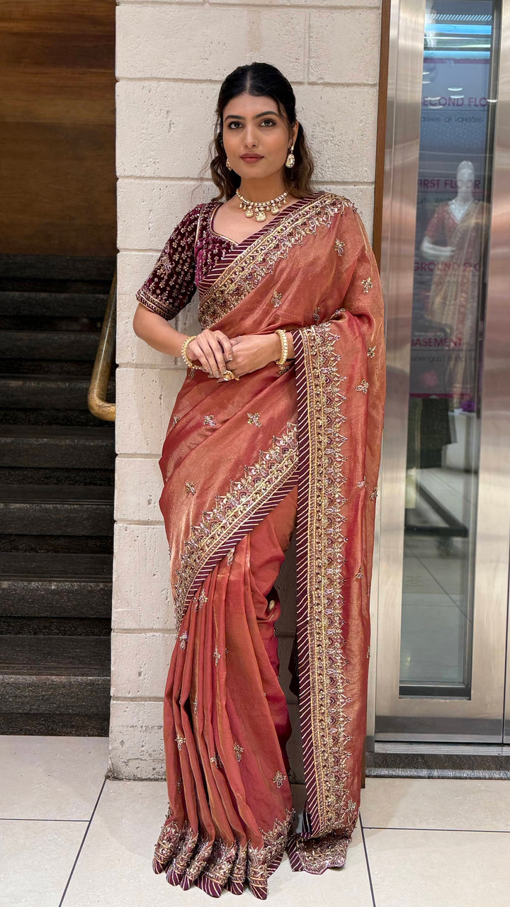 Rust Copper Designer Embroidered Saree with Maroon Blouse