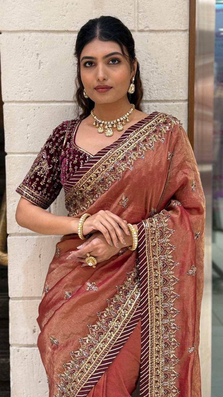 Rust Copper Designer Embroidered Saree with Maroon Blouse