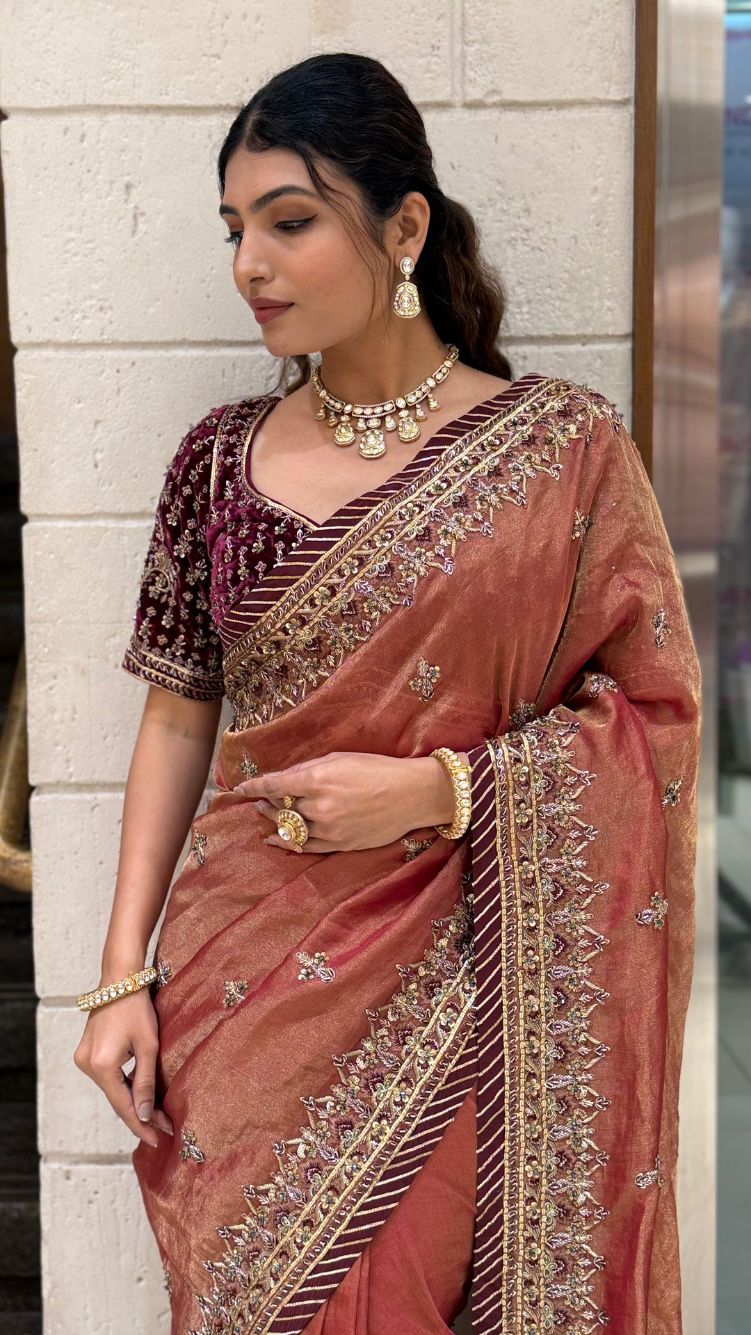 Rust Copper Designer Embroidered Saree with Maroon Blouse