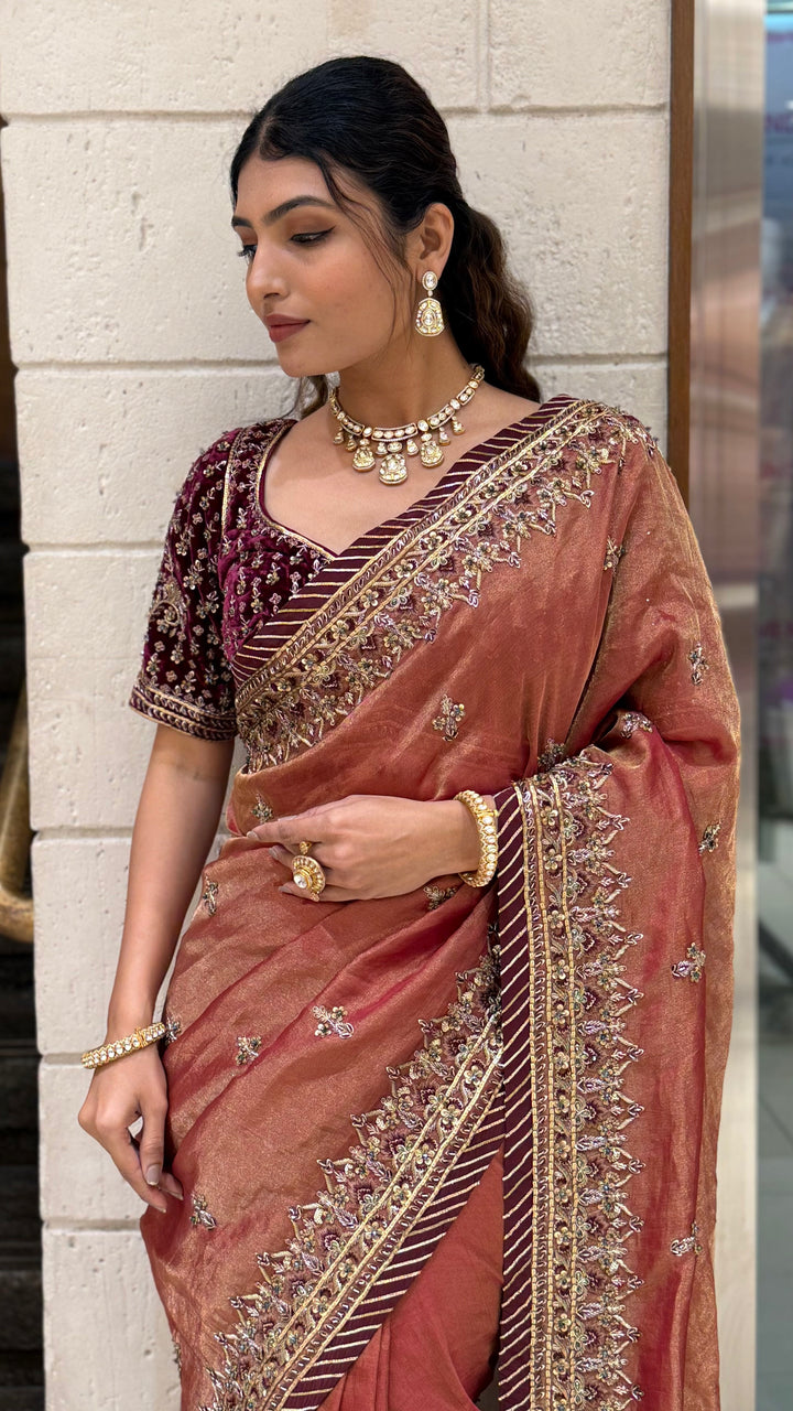 Rust Copper Designer Embroidered Saree with Maroon Blouse