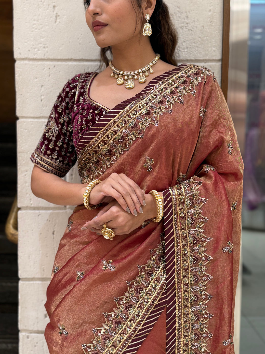 Rust Copper Designer Embroidered Saree with Maroon Blouse