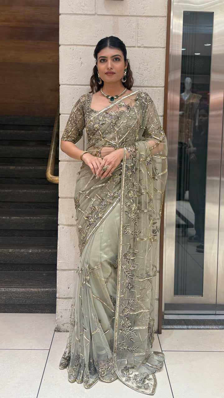 Pistachio Green Heavy Embroidered Net Saree with Matching Designer Blouse