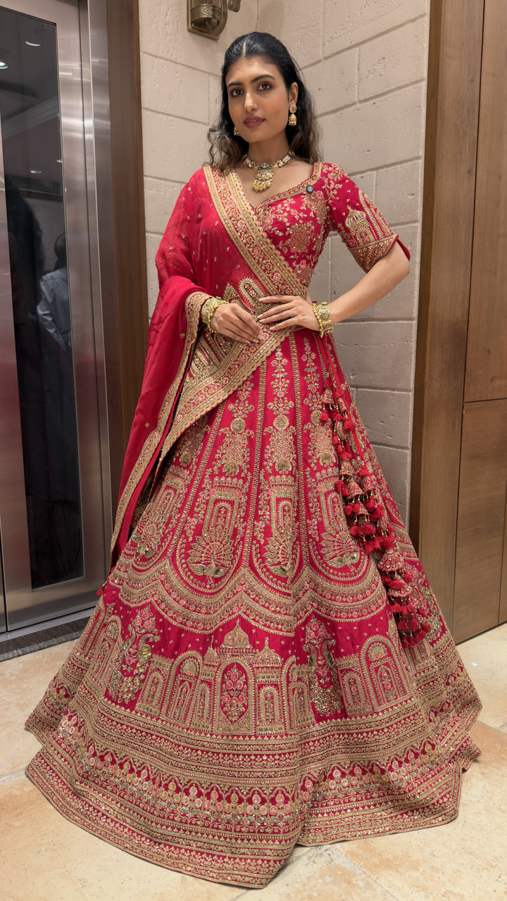 Maroon Heavy Embroidered Bridal Lehenga Set with Net Dupatta