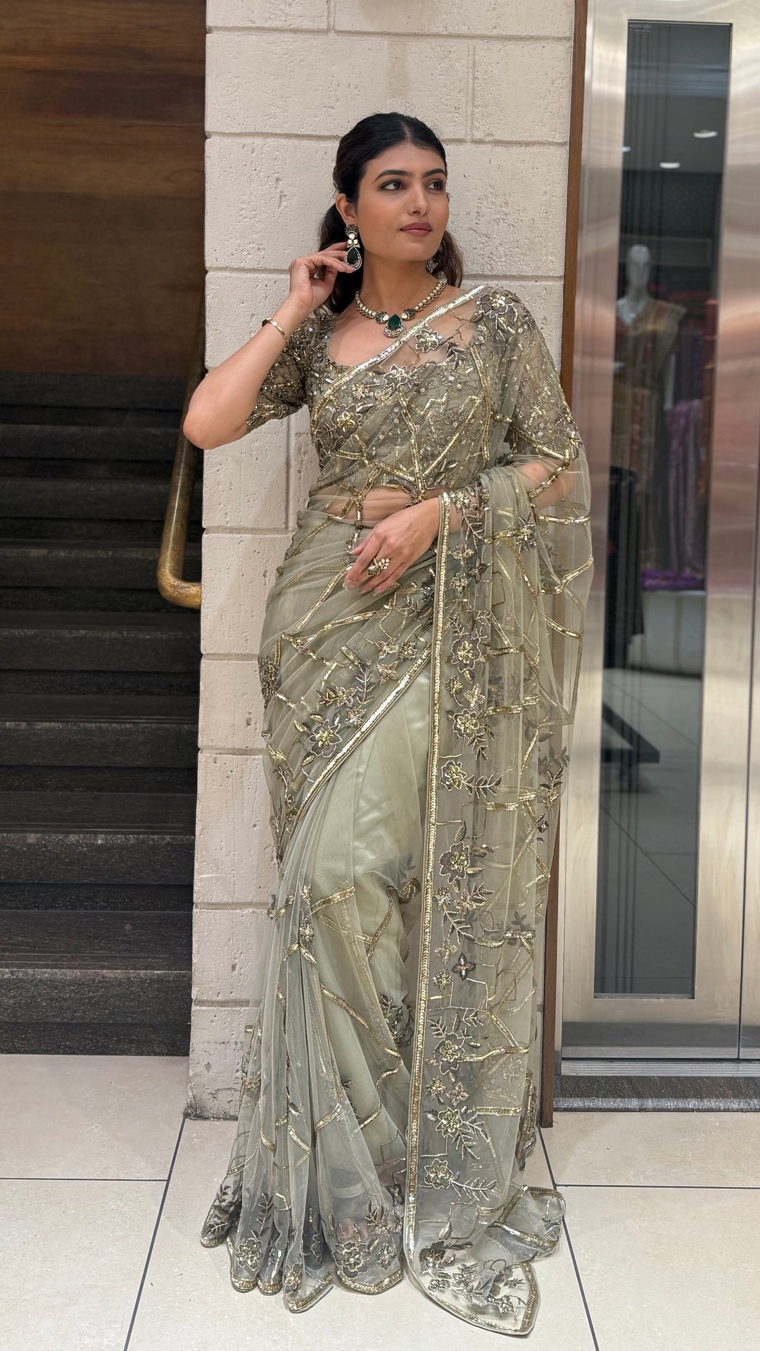 Pistachio Green Heavy Embroidered Net Saree with Matching Designer Blouse