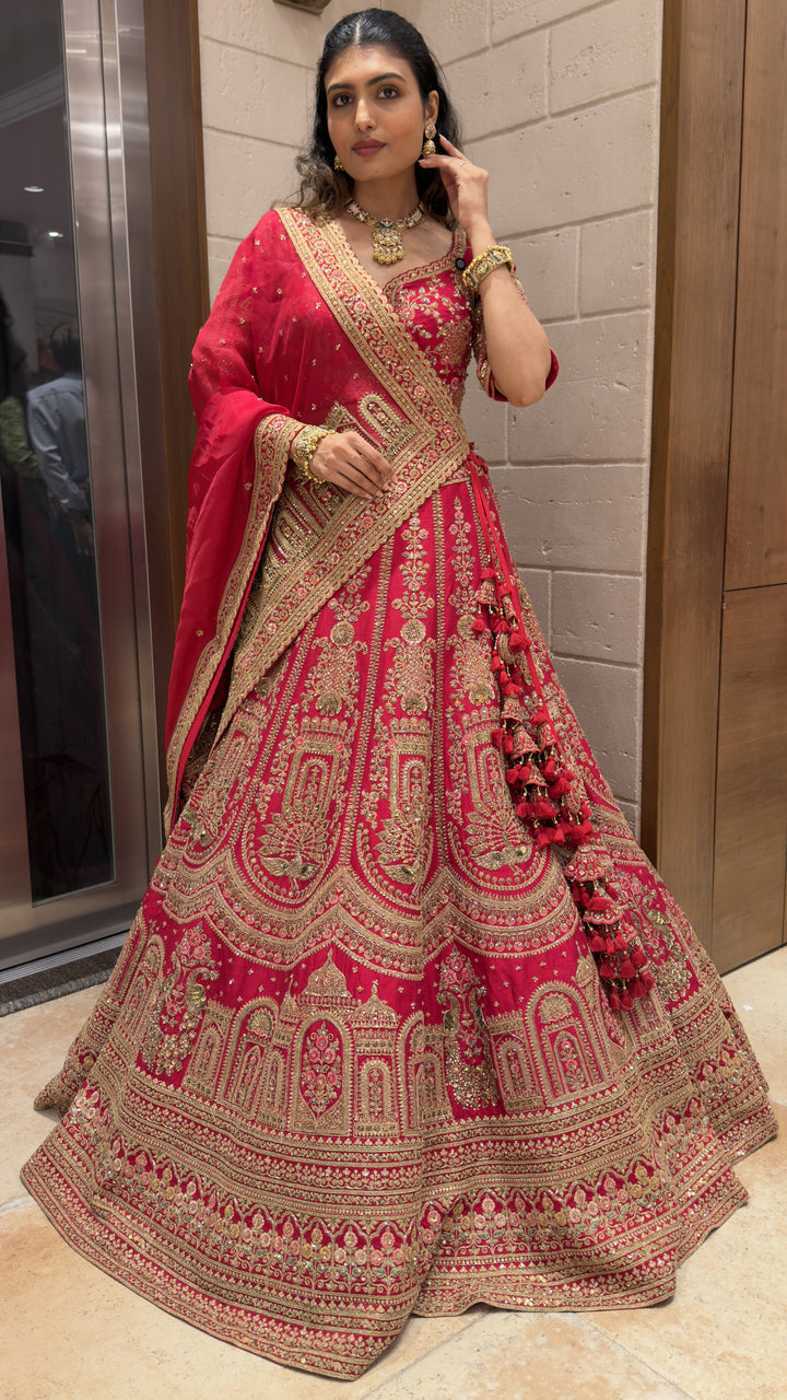 Maroon Heavy Embroidered Bridal Lehenga Set with Net Dupatta