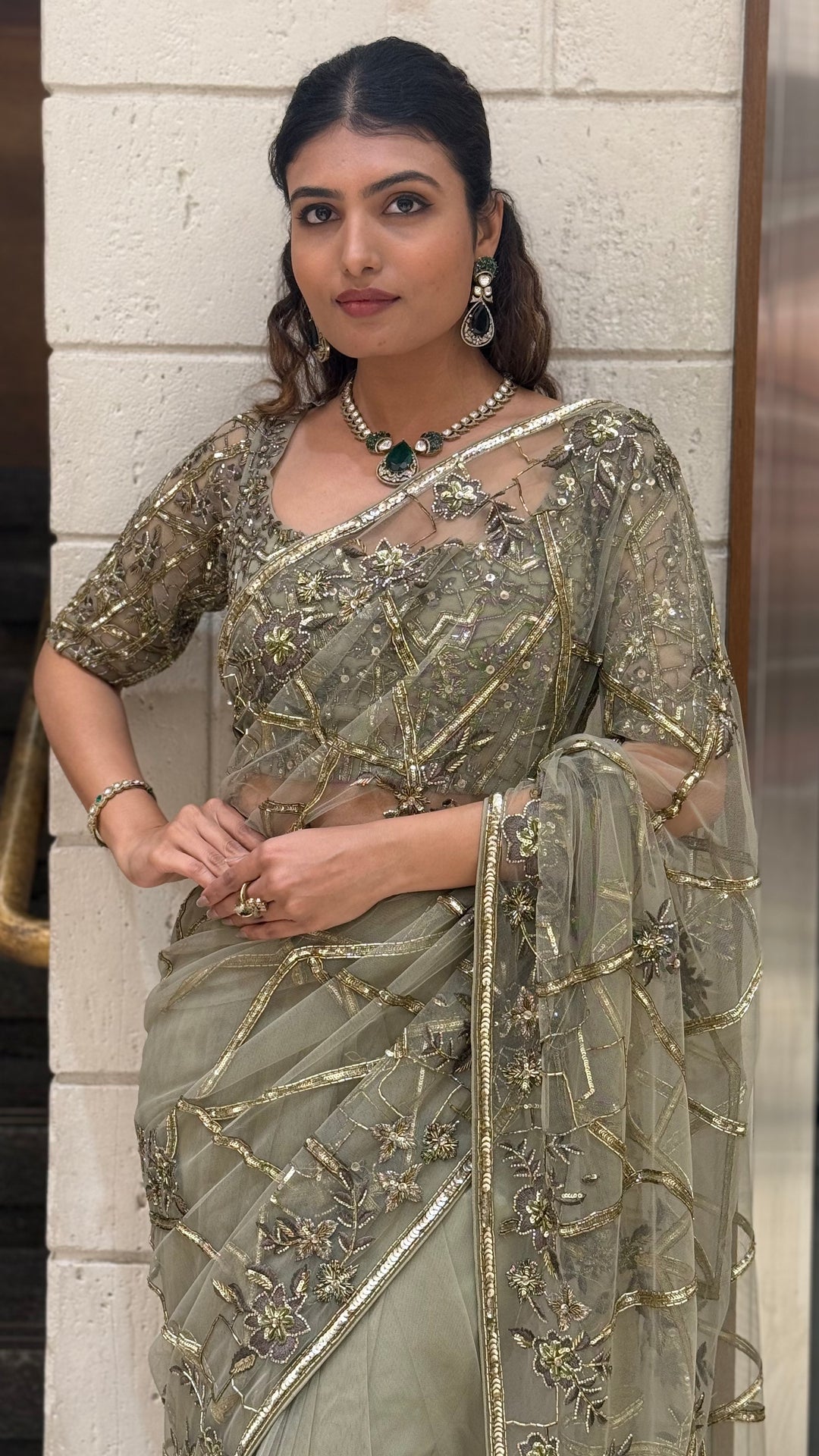 Pistachio Green Heavy Embroidered Net Saree with Matching Designer Blouse