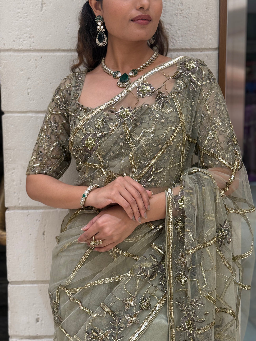 Pistachio Green Heavy Embroidered Net Saree with Matching Designer Blouse