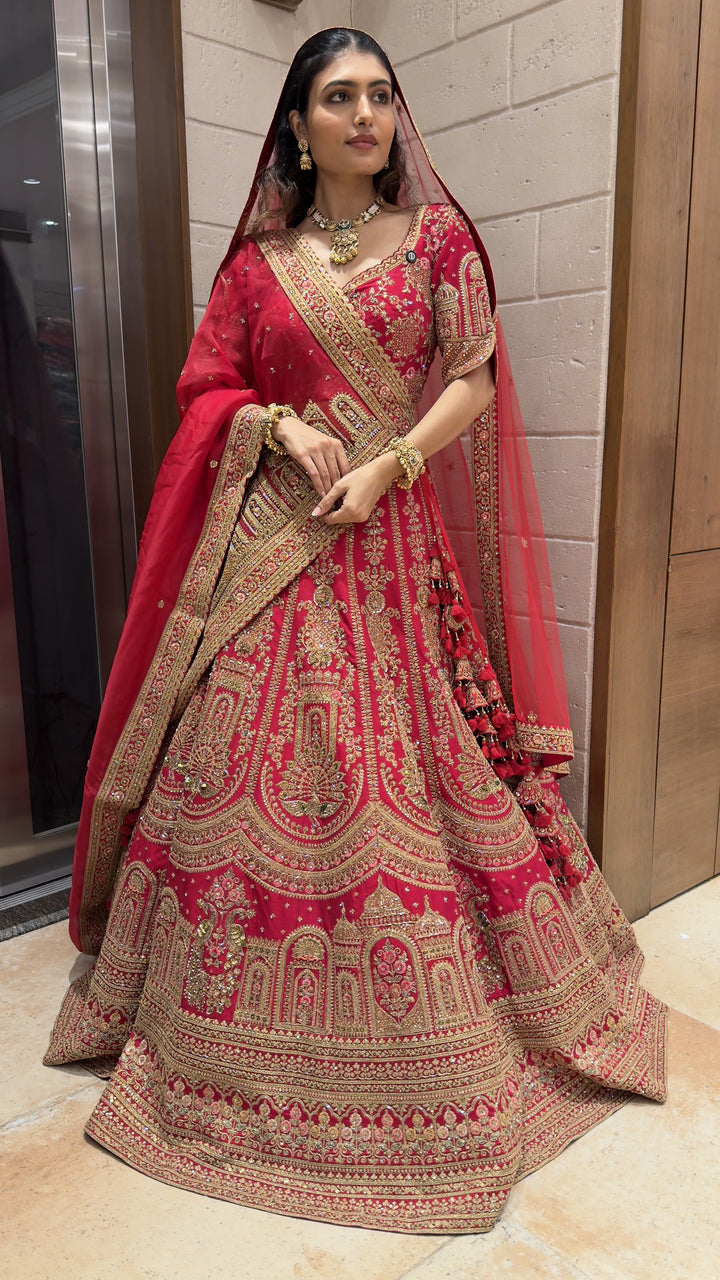 Maroon Heavy Embroidered Bridal Lehenga Set with Net Dupatta