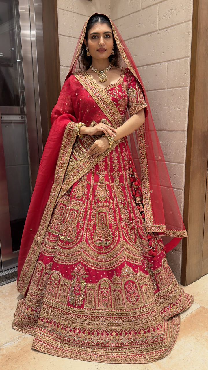 Maroon Heavy Embroidered Bridal Lehenga Set with Net Dupatta