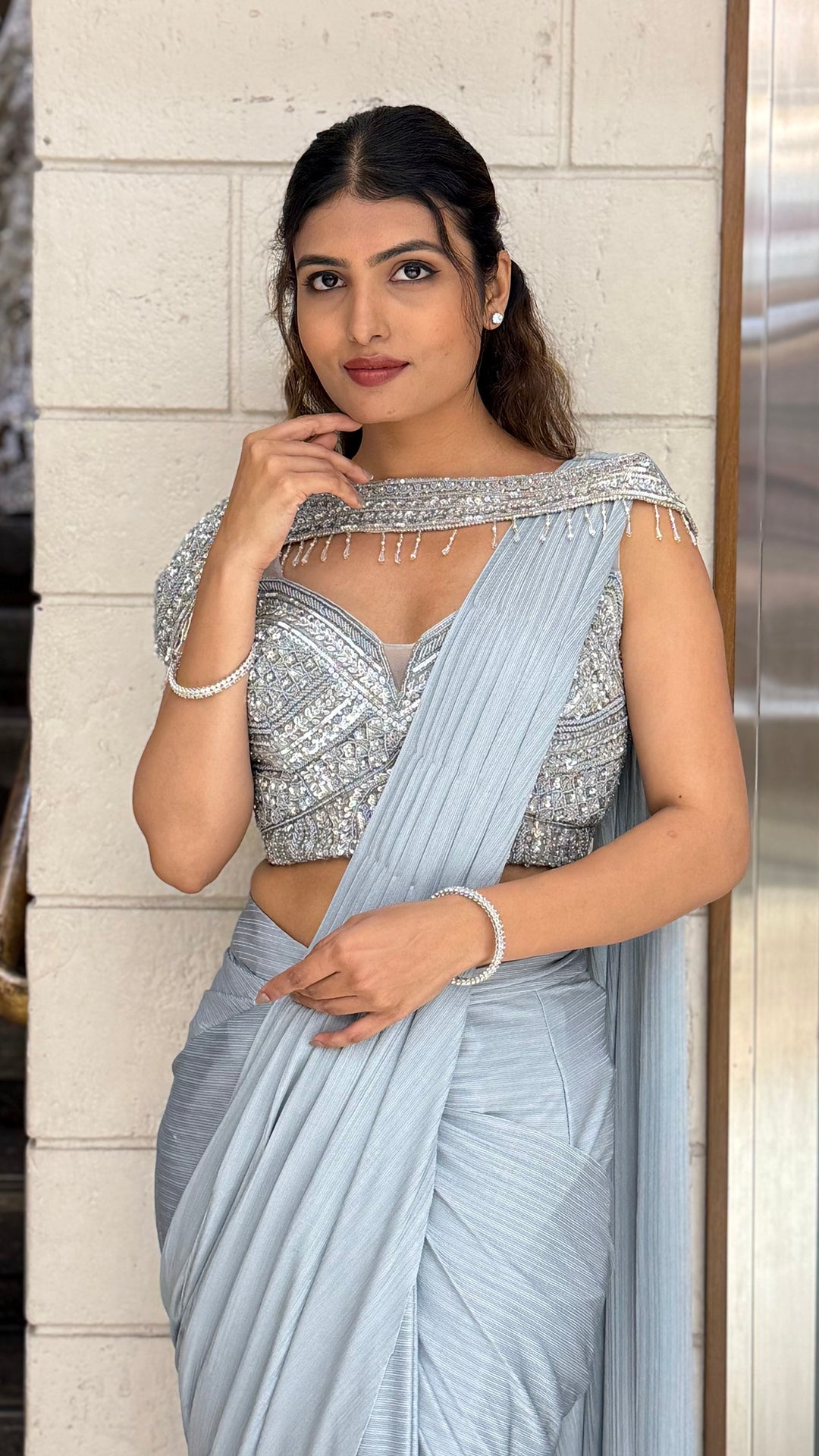 Icy Blue Ready-to-Wear Draped Saree with Heavy Embellished Blouse