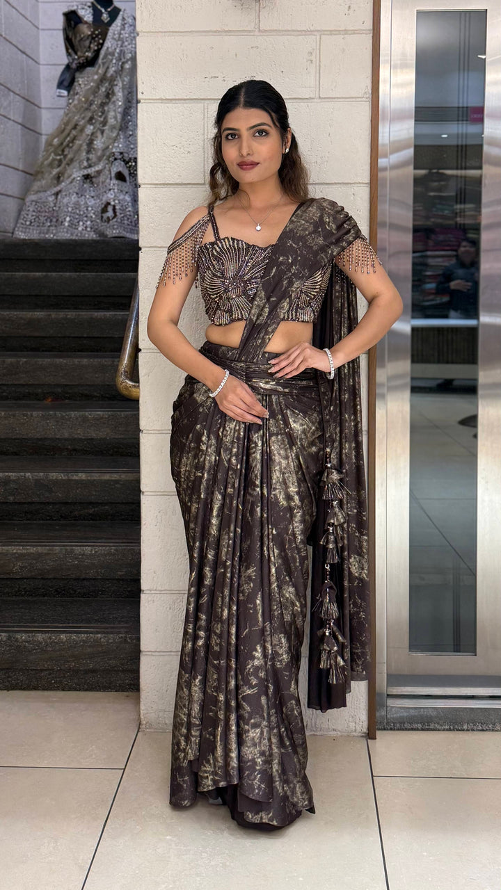 Black & Gold Ready-to-Wear Draped Saree with Heavy Designer Blouse