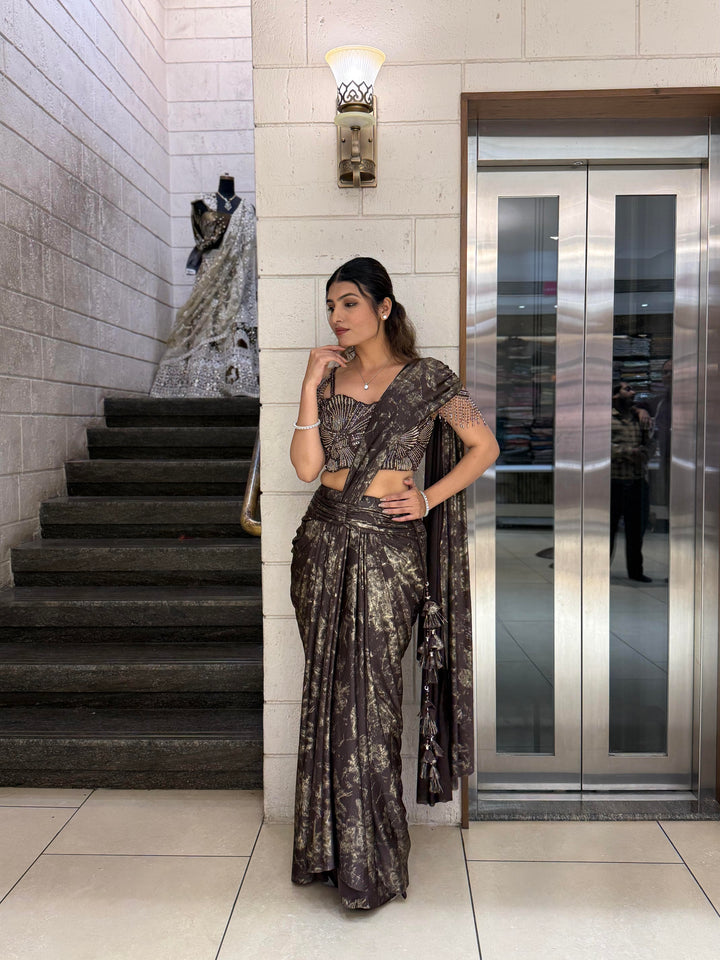 Black & Gold Ready-to-Wear Draped Saree with Heavy Designer Blouse