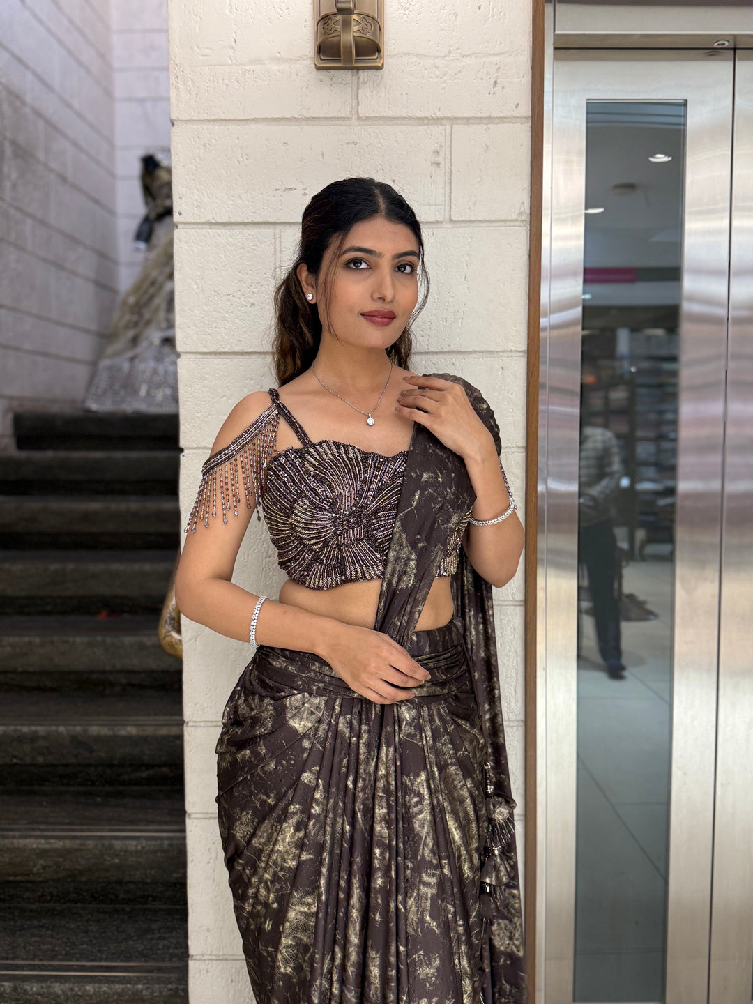 Black & Gold Ready-to-Wear Draped Saree with Heavy Designer Blouse