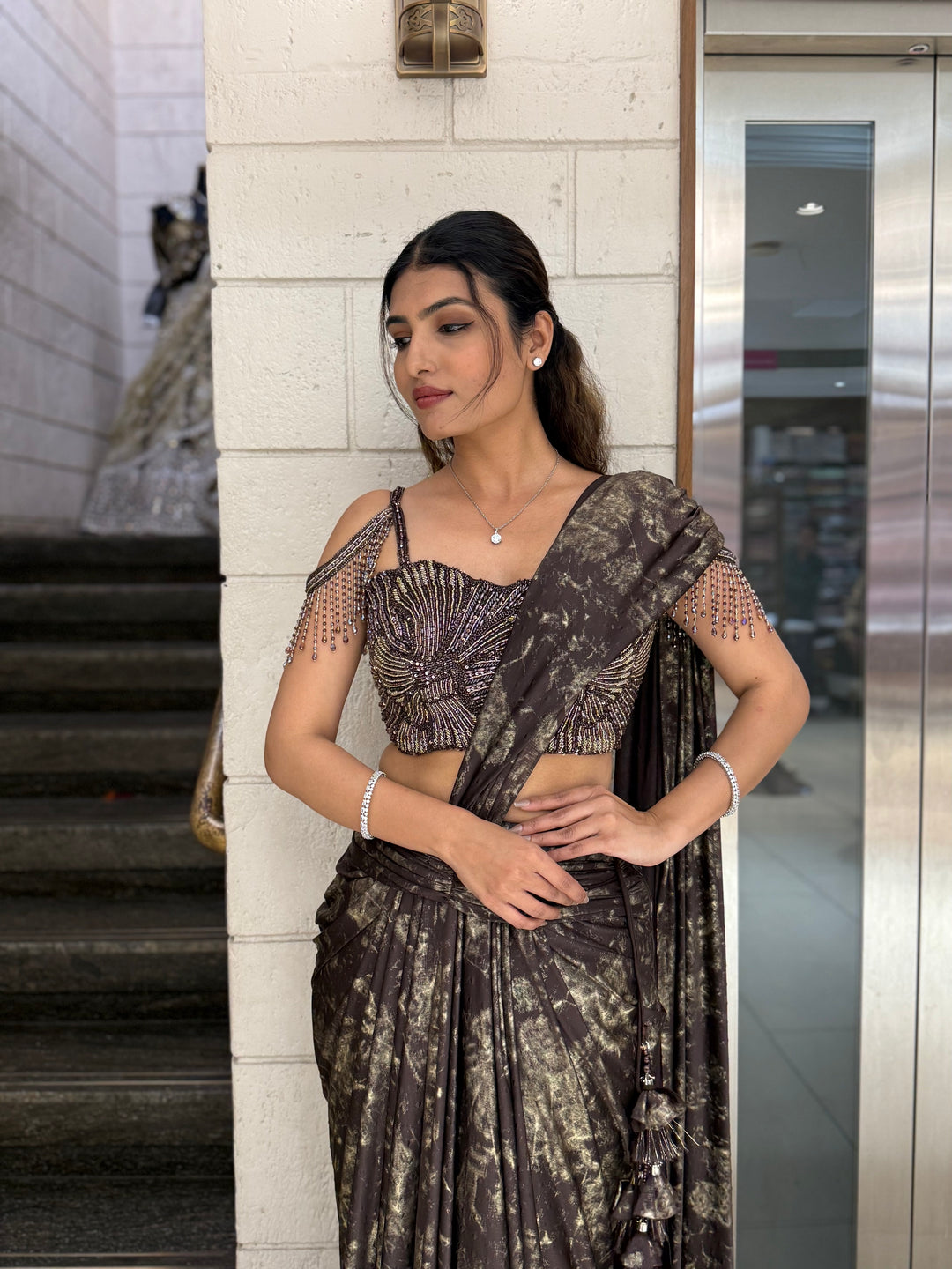 Black & Gold Ready-to-Wear Draped Saree with Heavy Designer Blouse