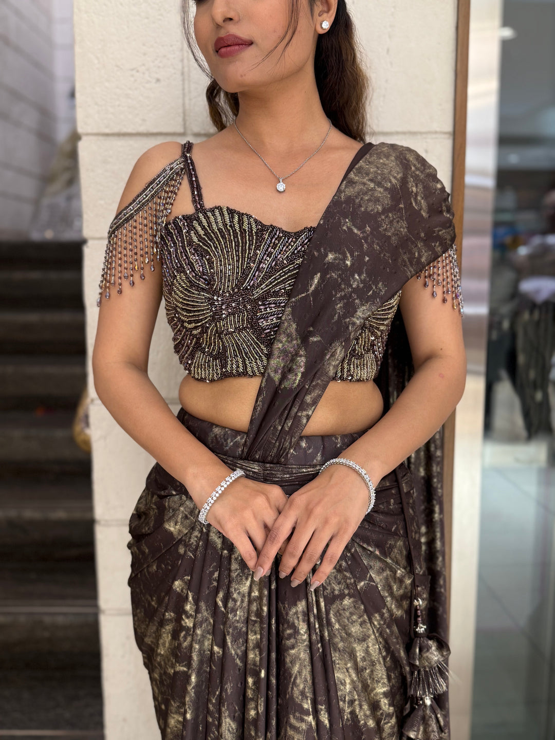 Black & Gold Ready-to-Wear Draped Saree with Heavy Designer Blouse