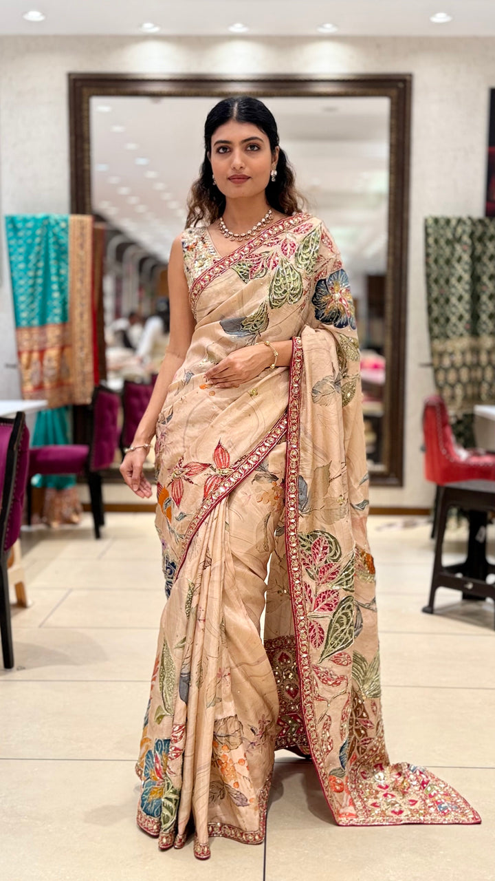 Beige Floral Printed Saree with Embroidered Border