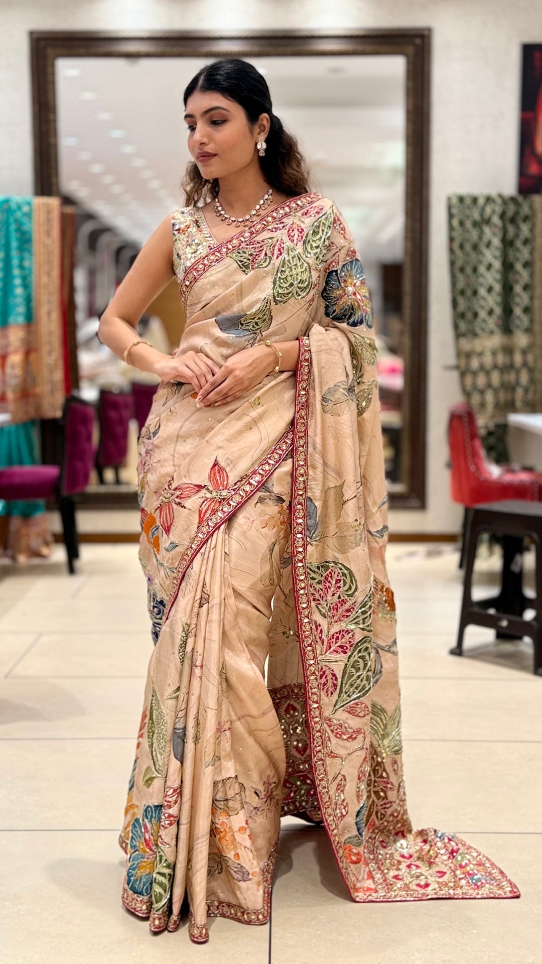 Beige Floral Printed Saree with Embroidered Border