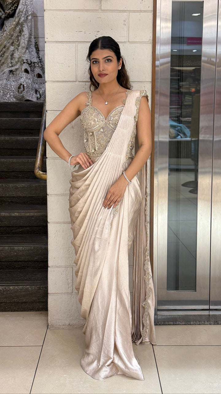Champagne Gold Ready-to-Wear Draped Saree with Heavy Embellished Blouse