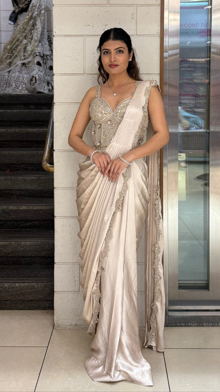 Champagne Gold Ready-to-Wear Draped Saree with Heavy Embellished Blouse