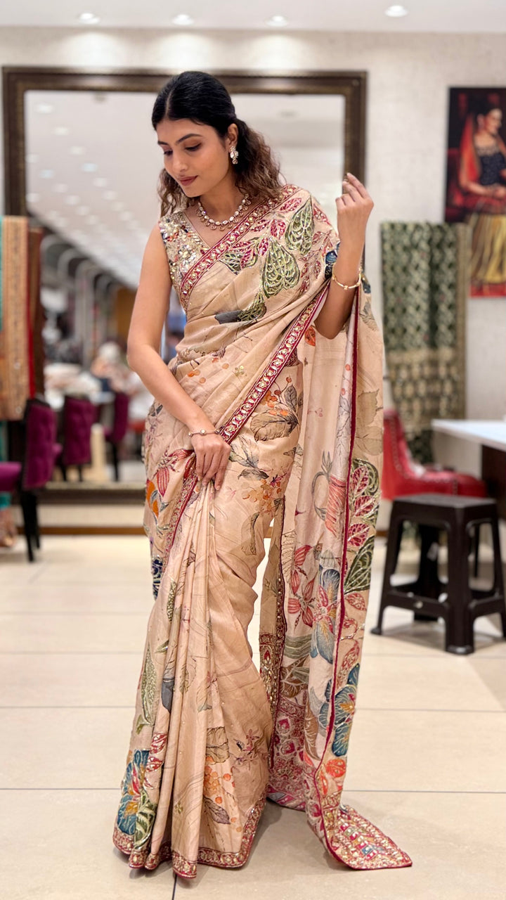 Beige Floral Printed Saree with Embroidered Border