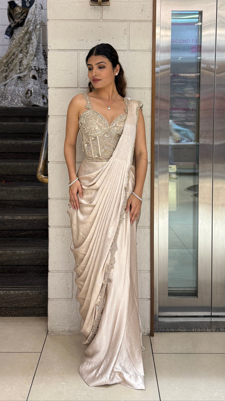 Champagne Gold Ready-to-Wear Draped Saree with Heavy Embellished Blouse