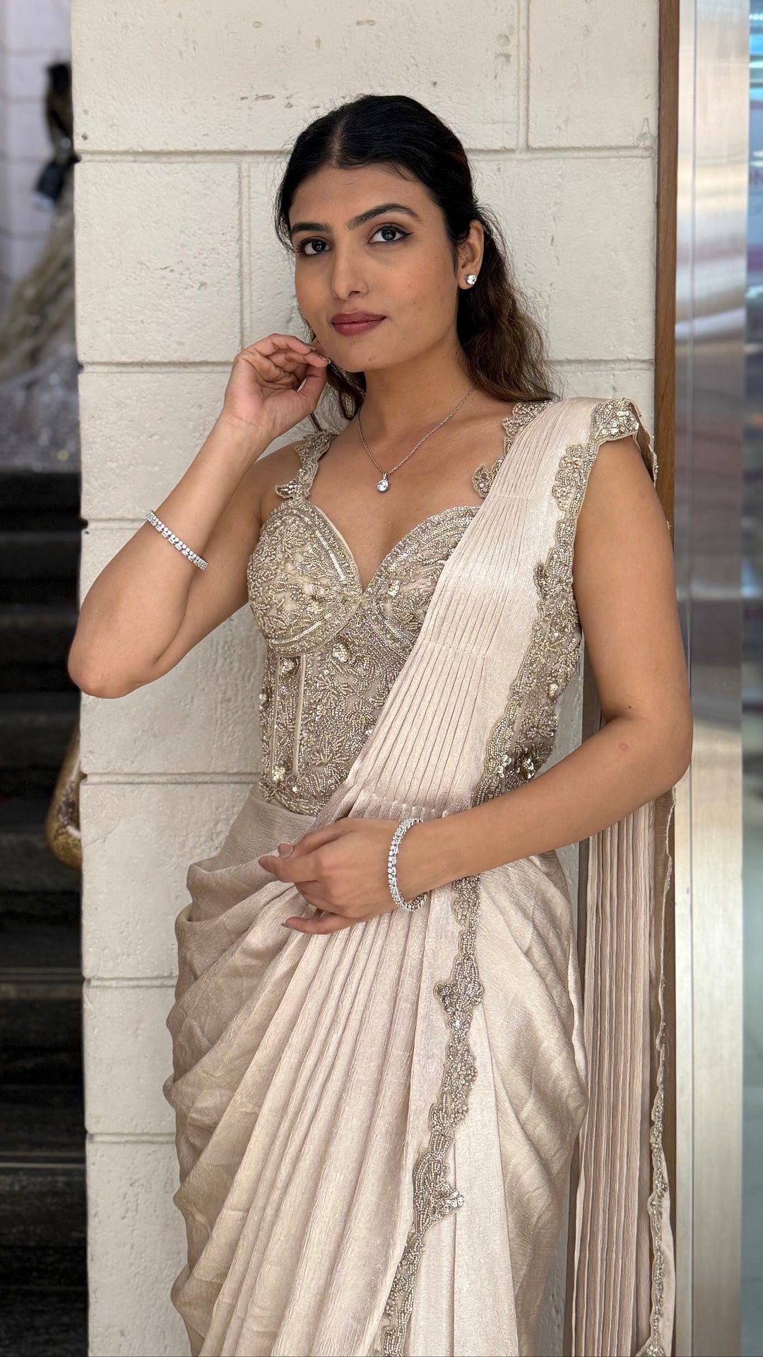 Champagne Gold Ready-to-Wear Draped Saree with Heavy Embellished Blouse